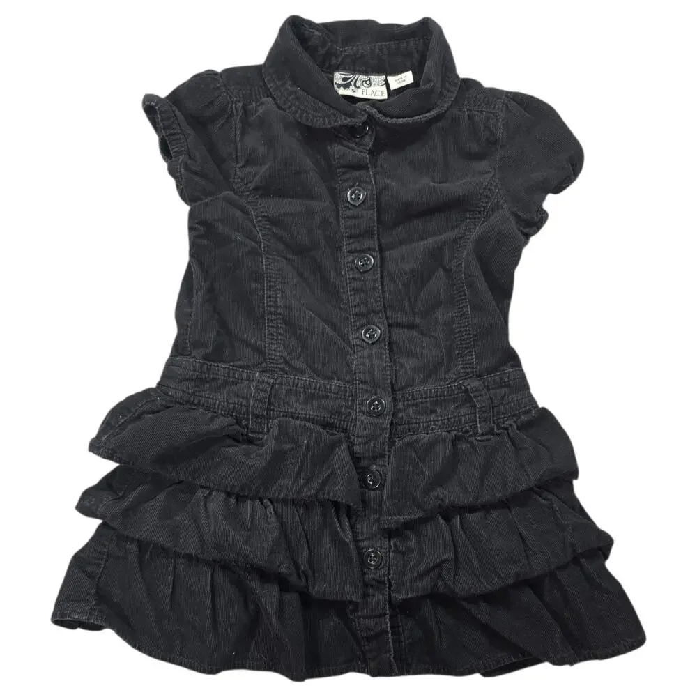 The Childrens Place 3T Black Corduroy Ruffle Tiered Dress Goth Peter Pan Collar
